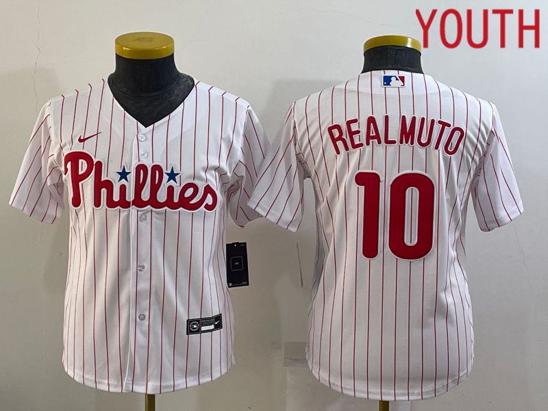 Youth Philadelphia Phillies #10 Realmuto White Stripe Game Nike 2022 MLB Jersey->youth mlb jersey->Youth Jersey